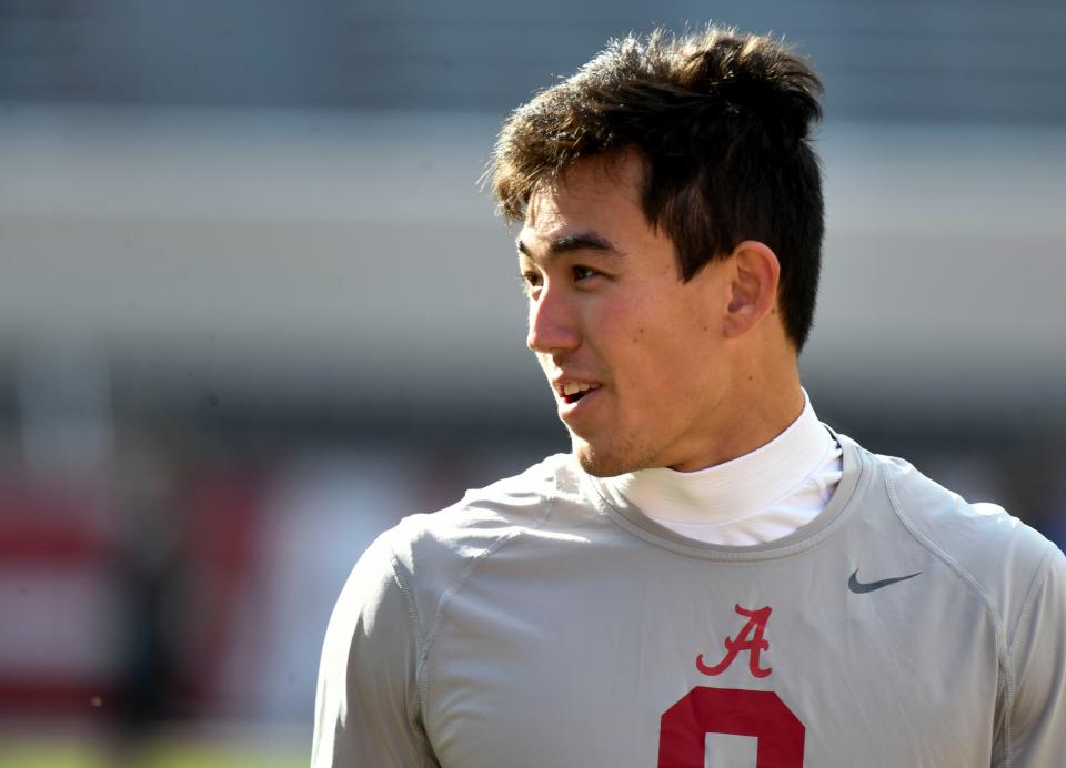 Nov 18, 2023; Tuscaloosa, Alabama, USA; Alabama Crimson Tide quarterback Tyler Buchner (8) walks through his pregame warmup before the game with Chattanooga at Bryant-Denny Stadium. Mandatory Credit: Gary Cosby Jr.-USA TODAY Sports