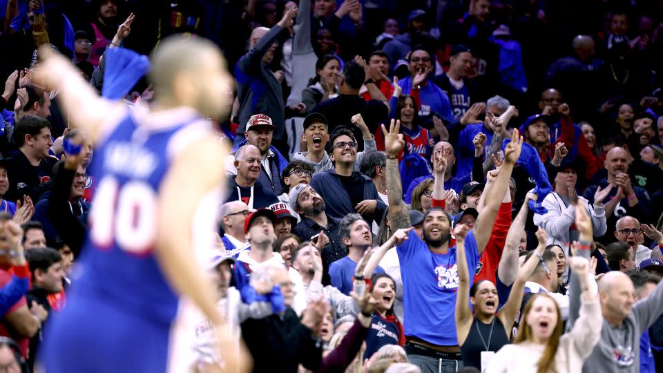 Nicolas Batum (foreground) kept the 76ers in the contest with a 20-point performance. - Tim Nwachukwu/Getty Images