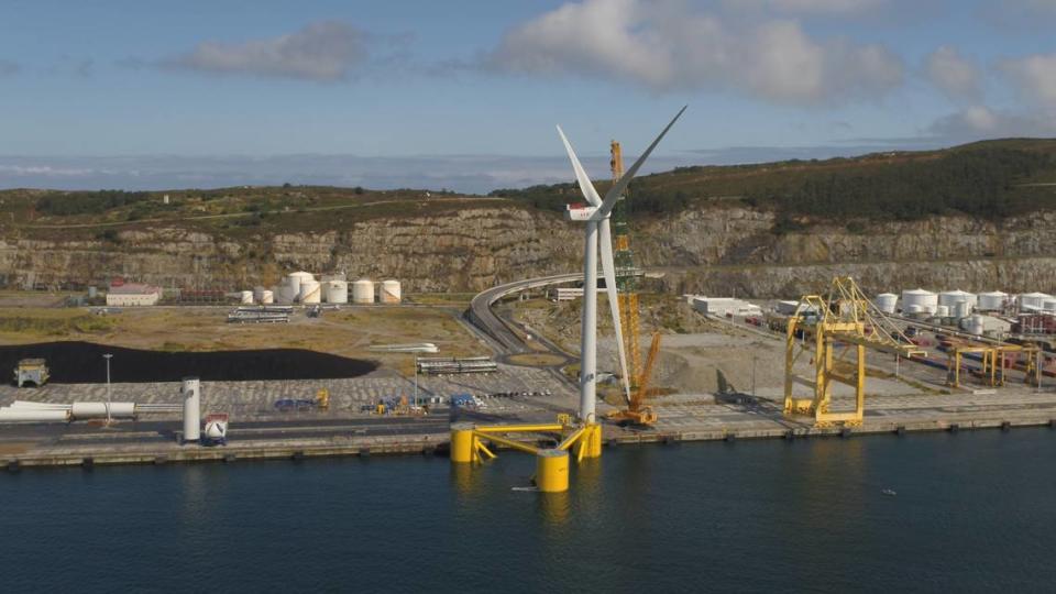 Floating wind turbines are assembled at Ocean Winds’ WindFloat Atlantic facility in Portugal. These are similar to ones that may float off California’s Central Coast.