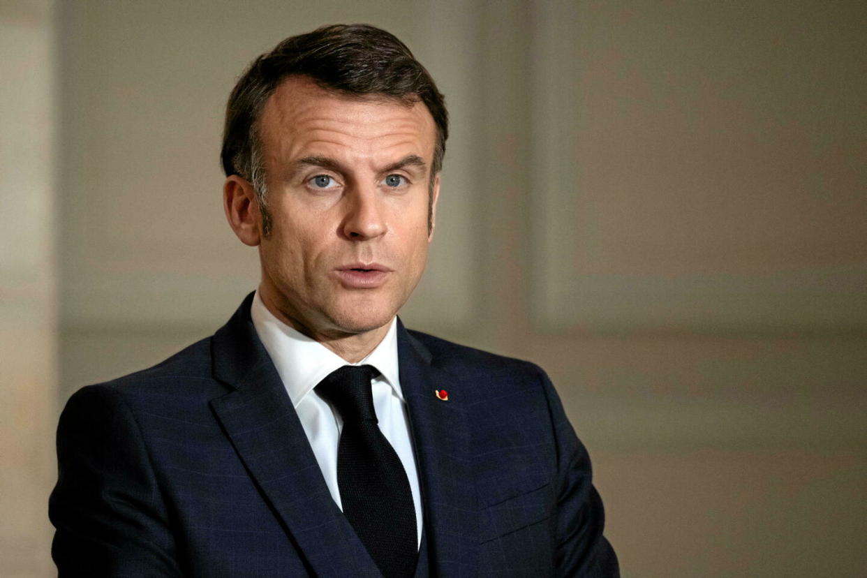 Emmanuel Macron a dénoncé des propos « inqualifiables et parfaitement intolérables » rapportés lors d'une mobilisation pro-palestinienne mardi 12 mars à Sciences Po Paris.  - Credit:Blondet / POOL/SIPA