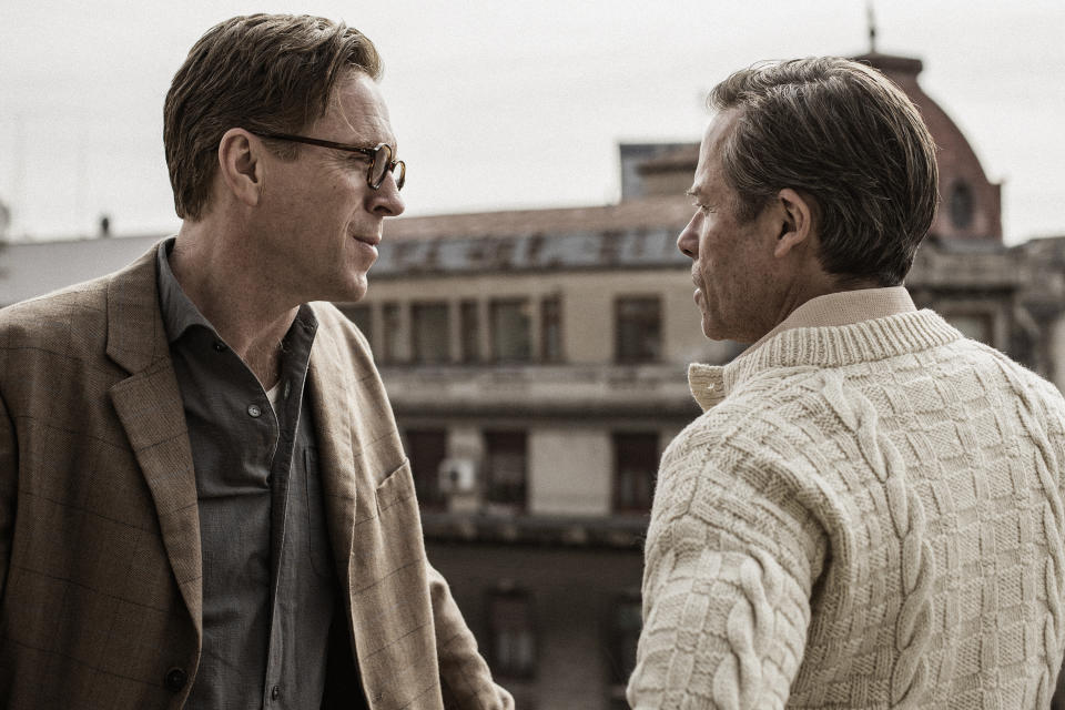 This image released by MGM+ shows Damian Lewis, left, and Guy Pearce in a scene from the six-part series "A Spy Among Friends,"premiering March 12 on MGM+. (Adi Marineci/Sony Pictures Television/MGM+ via AP)