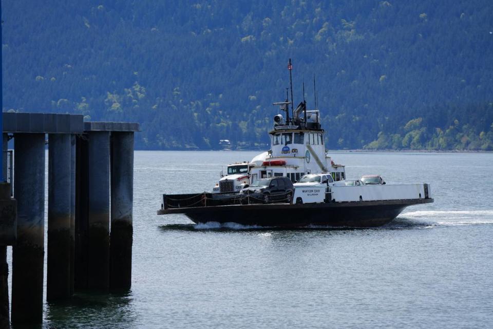 The Lummi Island ferry, the Whatcom Chief, arrives to the Lummi Nation mainland on April 23, 2024, to unload vehicles and take on new passengers.