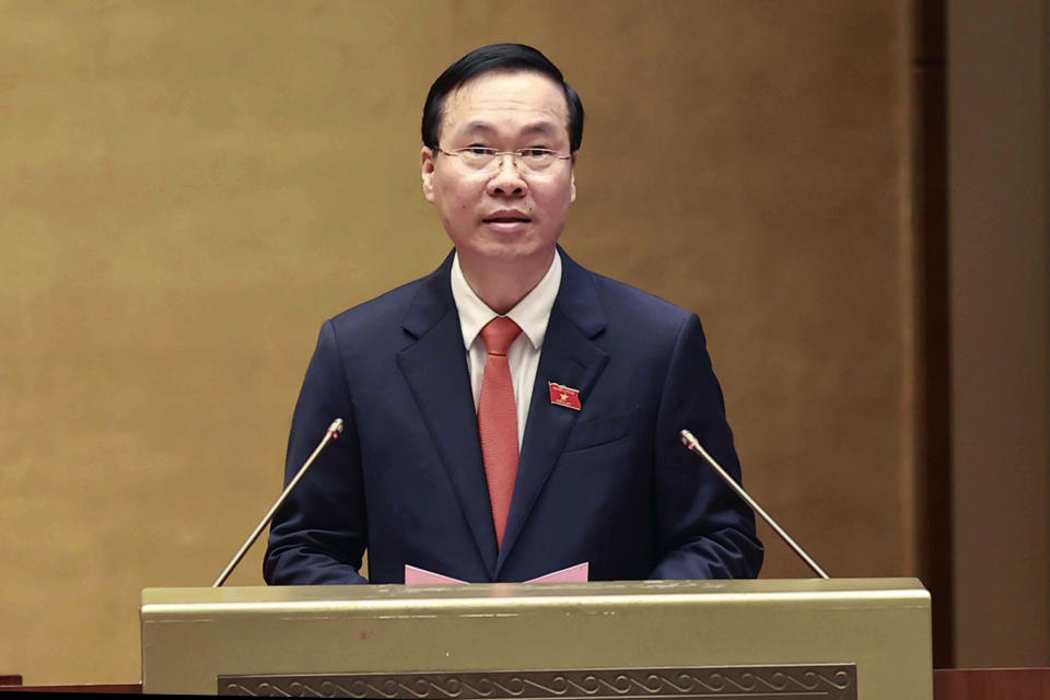 FILE- Newly elected president Vo Van Thuong delivers a speech at the National Assembly in Hanoi, Vietnam, on March 2, 2023. Vietnam’s president resigned in the latest episode of the ruling Communist Party's “blazing furnace” anti-corruption campaign, and Vice President Vo Thi Anh Xuan was named acting president. The appointment is Xuan's second stint as acting president after she stepped in when Vo Van Thuong's predecessor resigned in early 2023. (Bui Doan Tan/VNA via AP, File)