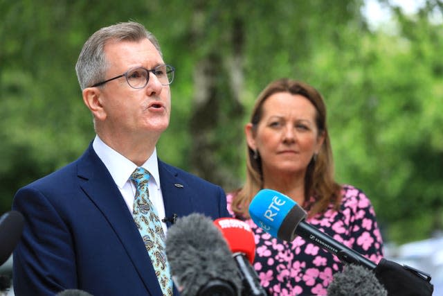 Newly elected DUP leader designate Sir Jeffrey Donaldson and deputy leader Paula Bradley, after the DUP electoral college endorsed him as the party’s new leader