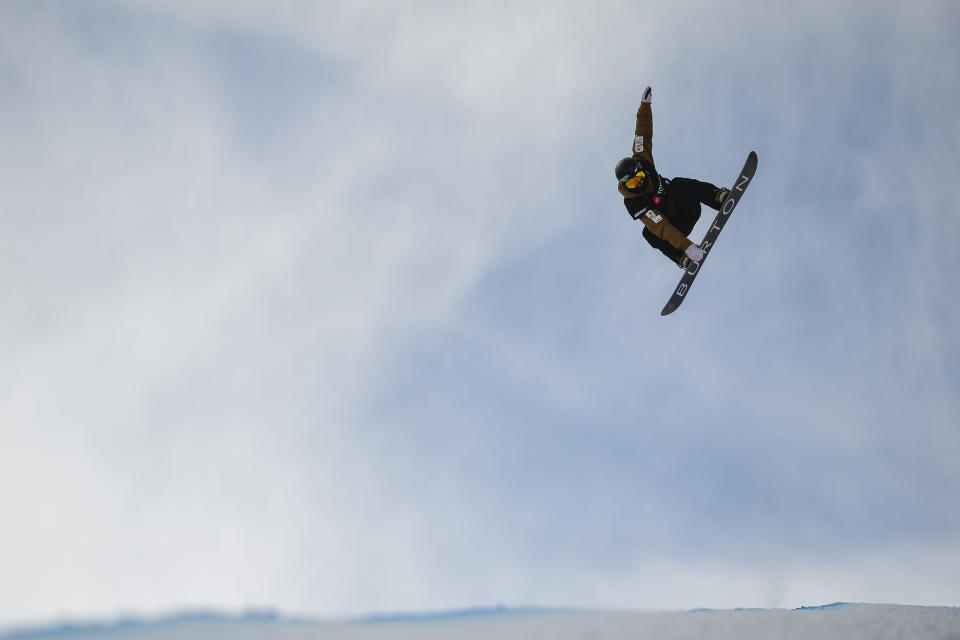 Yiwei Zhang, of China, competes in the men's snowboard halfpipe final at the freestyle ski and snowboard world championships, Friday, Feb. 8, 2019, in Park City, Utah. (AP Photo/Alex Goodlett)