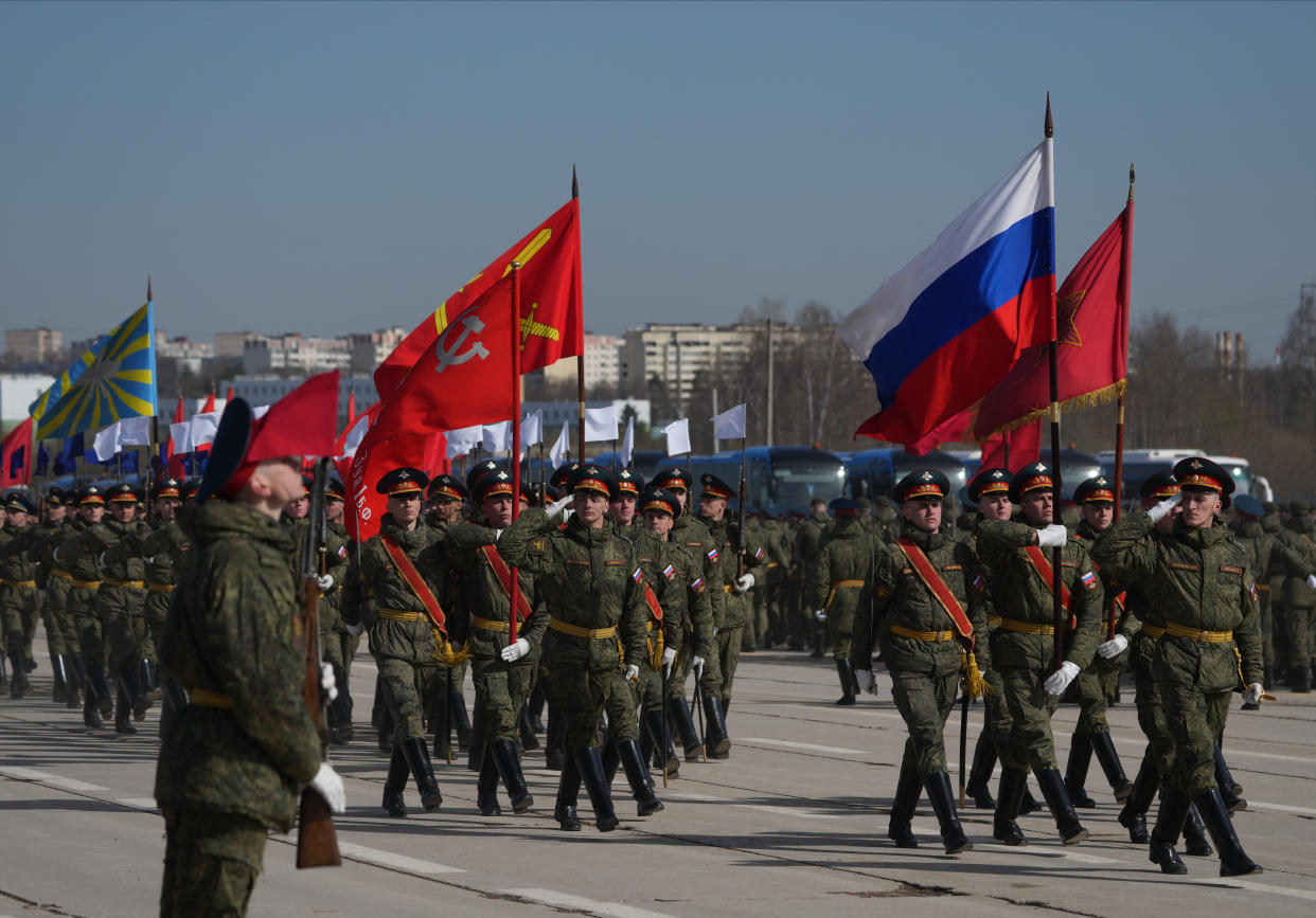 MOSCOW, RUSSIA - APRIL 18: A view from a rehearsal of Victory Day military parade in Red Square marking the 77th anniversary of the victory over Nazi Germany in World War II, at the Alabino training ground in Moscow, Russia on April 18, 2022. (Photo by Pavel Pavlov/Anadolu Agency via Getty Images)