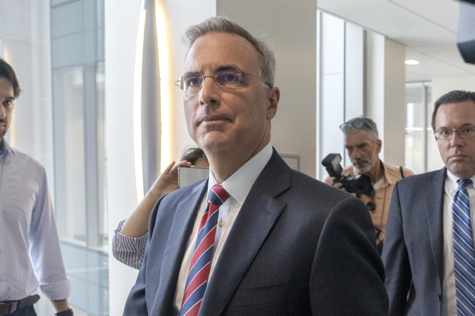 FILE - Pat Cipollone, the former White House counsel under President Donald Trump, arrives at an interview room in the Ford House Office Building after a break while answering questions from investigators with the Jan. 6 Select Committee, on Capitol Hill in Washington, Friday, July 8, 2022. (AP Photo/Gemunu Amarasinghe, File)