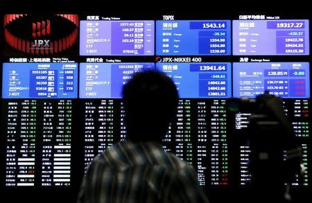 A videographer films an electronic board showing the Japan's Nikkei average (Top R) and related indexes at the Tokyo Stock Exchange (TSE) in Tokyo, Japan, July 9, 2015. REUTERS/Yuya Shino