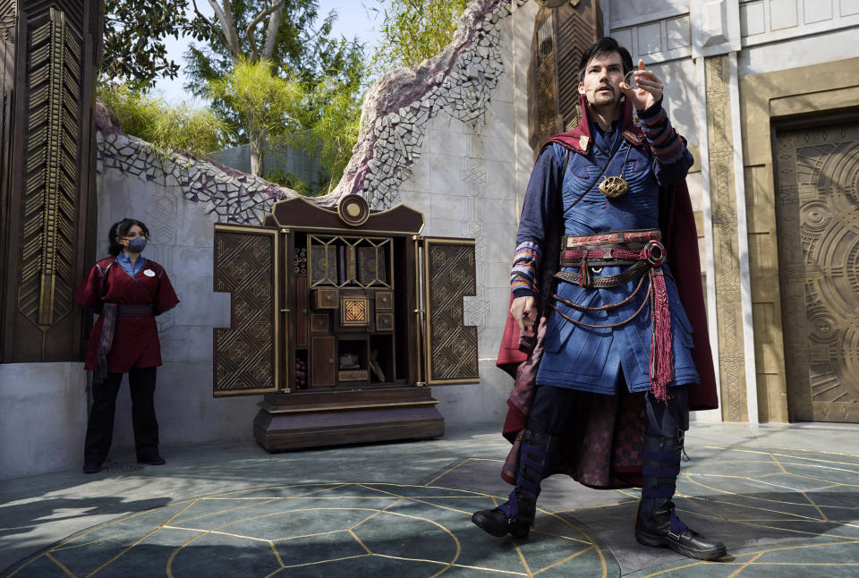 A Doctor Strange character performs during the "Doctor Strange: Mysteries of the Mystic Arts" show at the Avengers Campus media preview at Disney's California Adventure Park on Wednesday, June 2, 2021, in Anaheim, Calif. (AP Photo/Chris Pizzello)