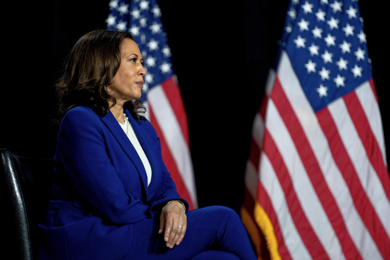 La senadora Kamala Harris, demócrata de California, en su primera aparición con Joe Biden tras su nombramiento como su compañera de fórmula presidencial, en Wilmington, Delaware, el 12 de agosto de 2020. (Erin Schaff/The New York Times)