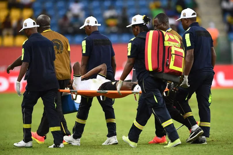 Ghana's defender Baba Rahman is carried off the pitch during the 2017 Africa Cup of Nations group D football match between Ghana and Uganda in Port-Gentil on January 17, 2017.