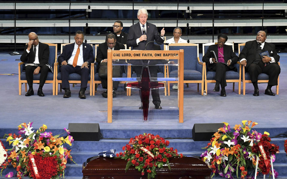 Former U.S. President Bill Clinton speaks at the funeral of Congressman John Conyers Jr. at Greater Grace Temple in Detroit on Monday, Nov. 4, 2019. (Robin Buckson/Detroit News via AP)