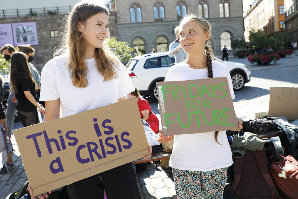 <p>Greta Thunberg and German climate activist Luisa Neubauer hold signs while attending a Fridays for Future Climate Strike in Stockholm.</p>