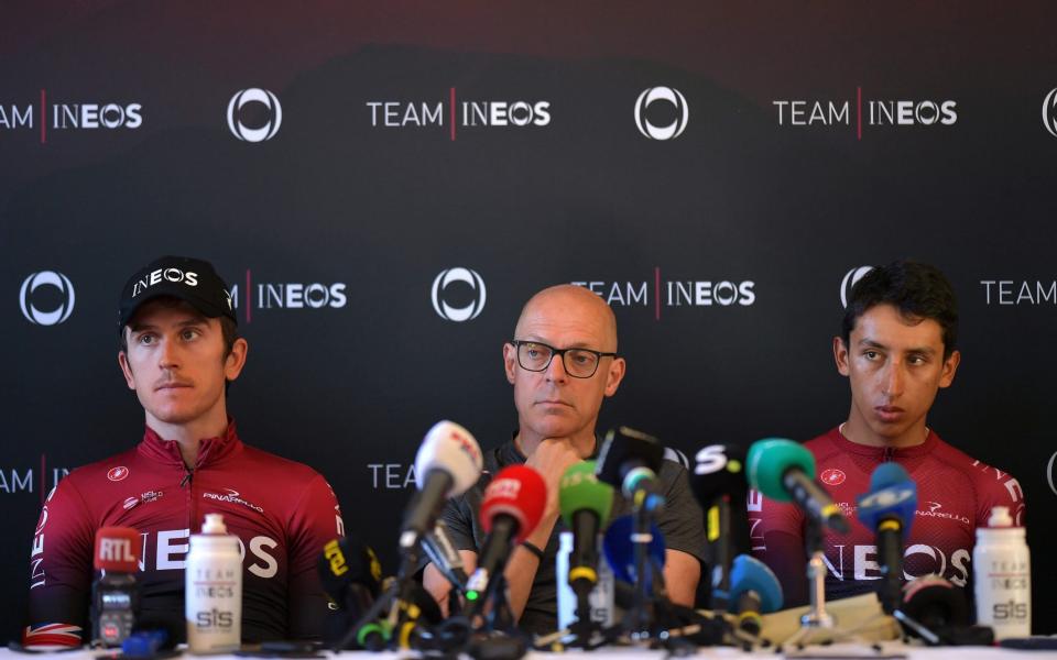 Team Ineos riders Geraint Thomas and Egan Bernal face the press alongside team manager Sir Dave Brailsford - Velo