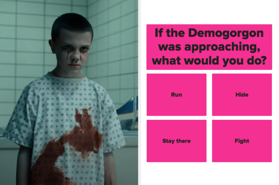 Eleven with blood on her gown; the question "If the Demogorgon was approaching, what would you do?"