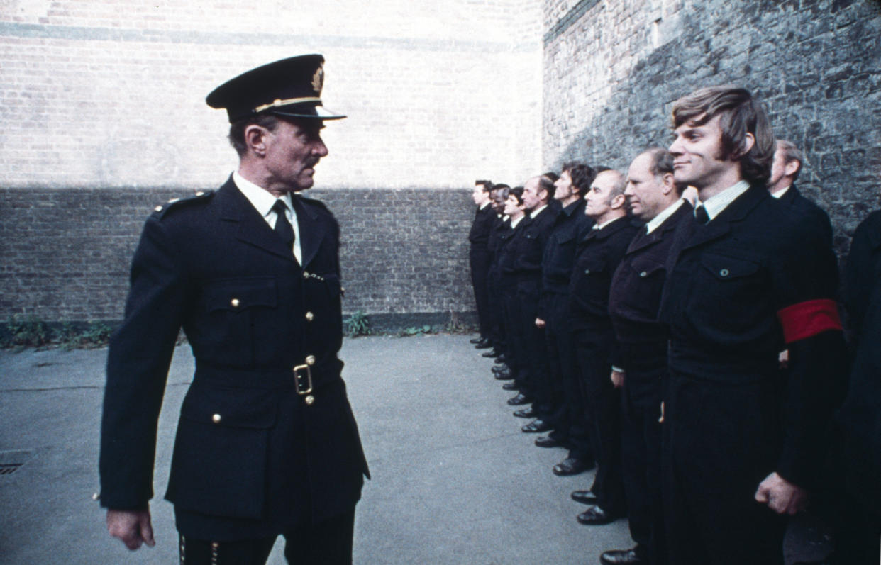 British actor Malcolm McDowell finds himself in prison in a scene from 'A Clockwork Orange', 1971. (Photo by Warner Bros./Archive Photos/Getty Images)