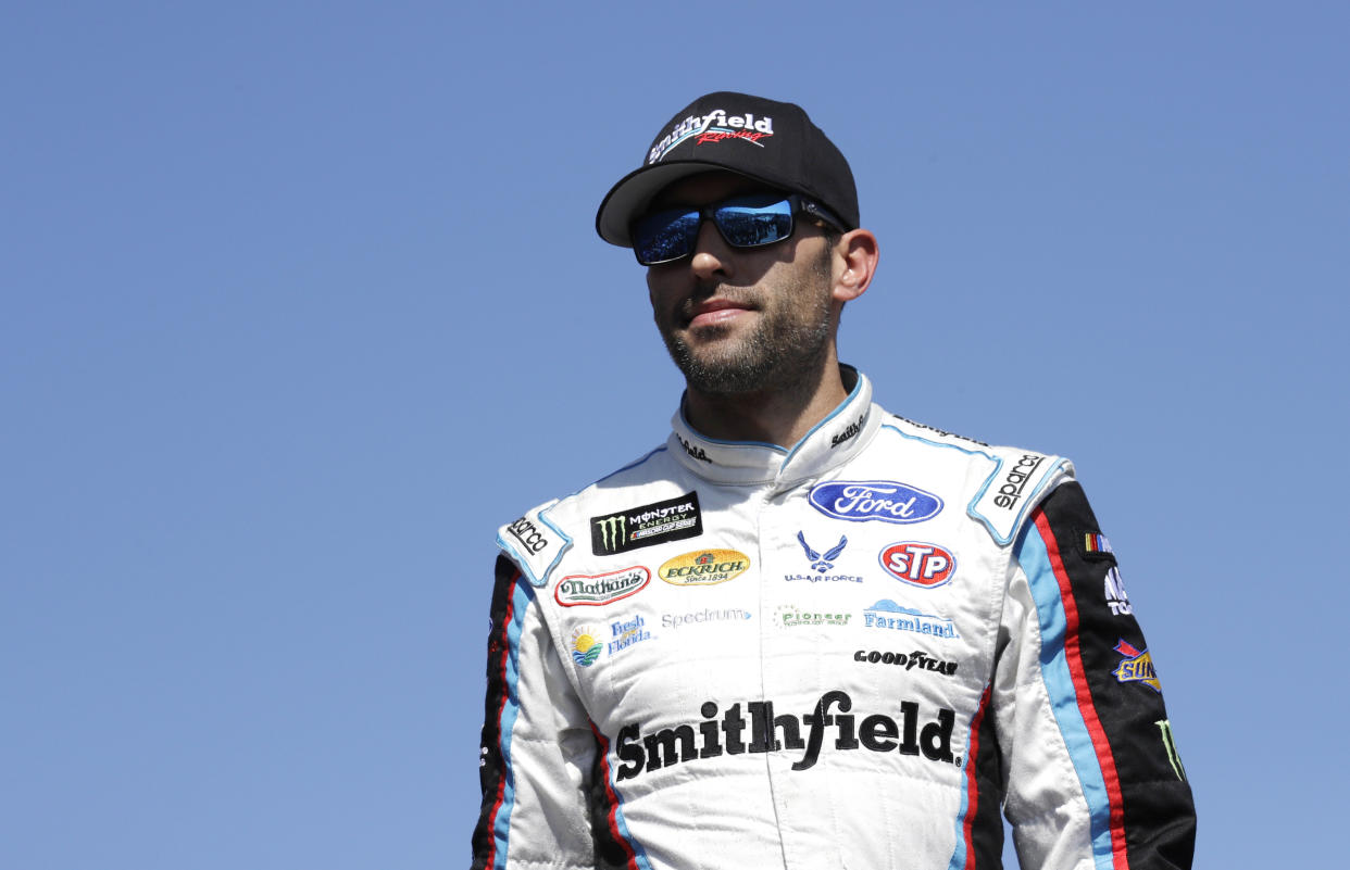 Aric Almirola is introduced prior to the NASCAR Cup Series 300 auto race at New Hampshire Motor Speedway in Loudon, N.H., Sunday, Sept. 24, 2017. (AP Photo/Charles Krupa)