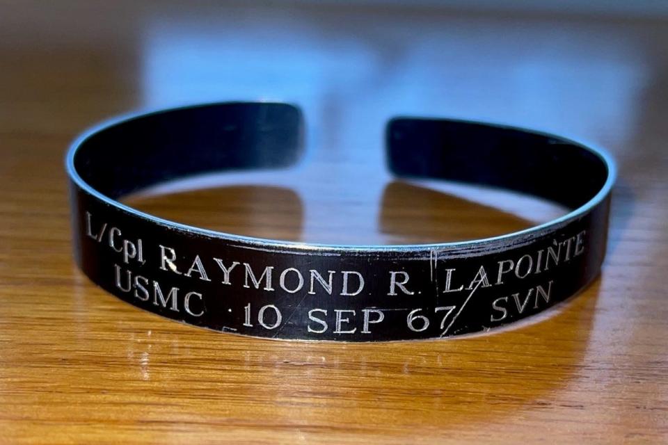 Tom Swisher, now of Dighton, wears this memorial bracelet for his friend Raymond R. LaPointe, a lance corporal in the U.S. Marines who was killed in action in Vietnam on Sept. 10, 1967, when LaPointe was 19 years old.