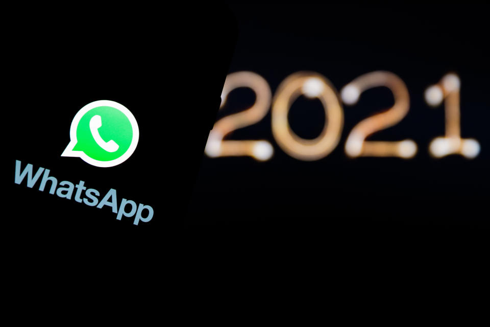 POLAND - 2020/12/30: In this photo illustration a Whatsapp logo seen displayed on a smartphone. (Photo Illustration by Filip Radwanski/SOPA Images/LightRocket via Getty Images)