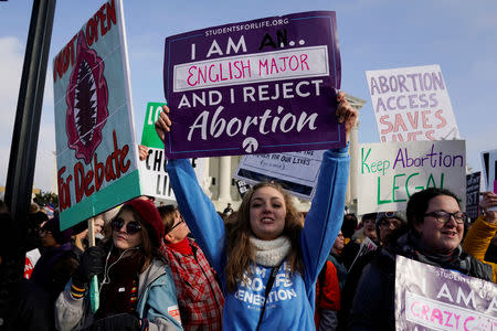 Abortion rights activists and anti-abortion marchers rally at the Supreme Court during the 46th annual March for Life in Washington, U.S., January 18, 2019. REUTERS/Joshua Roberts