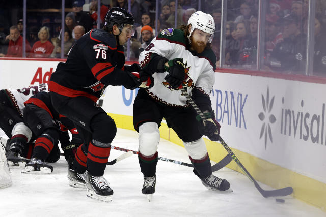 Arizona Coyotes goaltender Karel Vejmelka (70) slides over to make