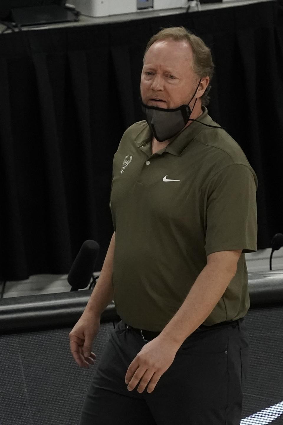 Milwaukee Bucks head coach Mike Budenholzer reacts during the first half of an NBA basketball game against the Memphis Grizzlies Saturday, April 17, 2021, in Milwaukee. (AP Photo/Morry Gash)