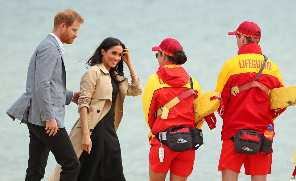 Harry and Meghan met and spoke with surf lifesavers from South Melbourne beach. Source: Getty