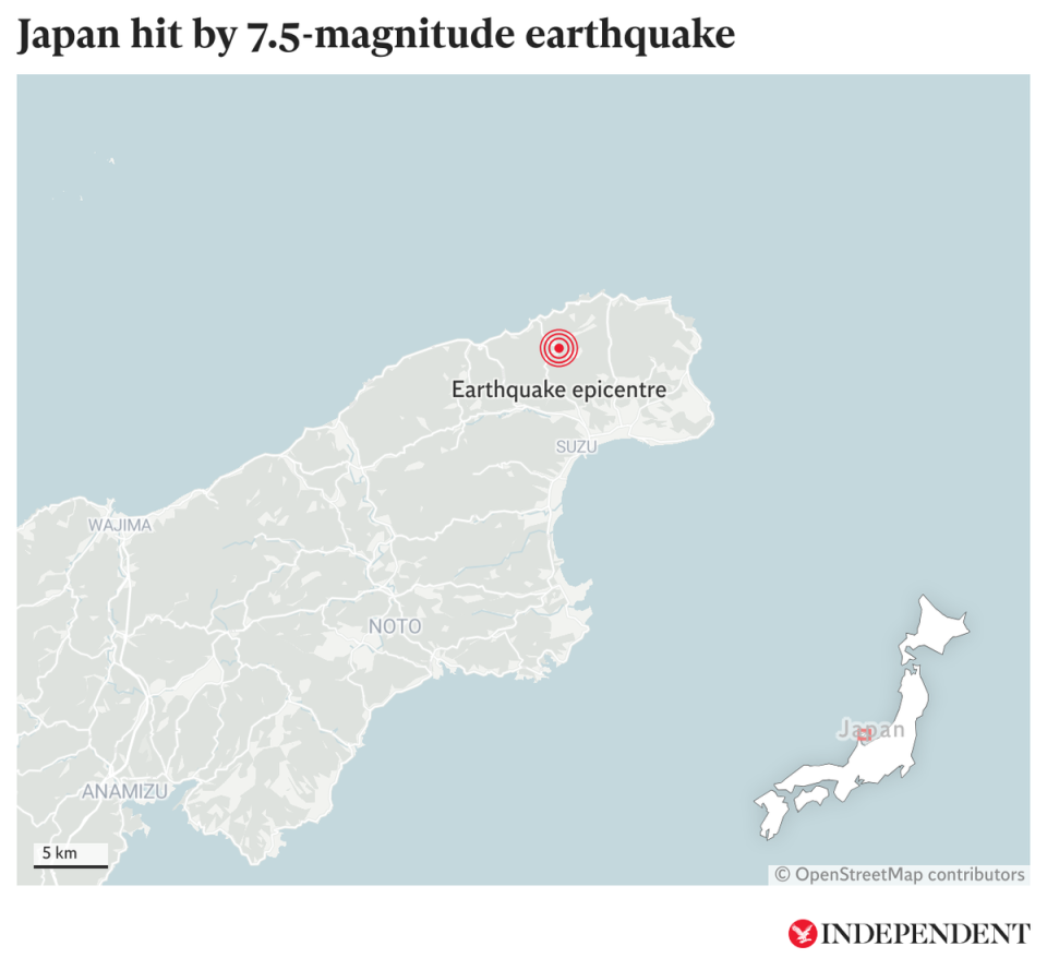 Japan issued a major tsunami warning on Monday morning after it was hit by a 7.5-magnitude earthquake (Datawrapper/The Independent)