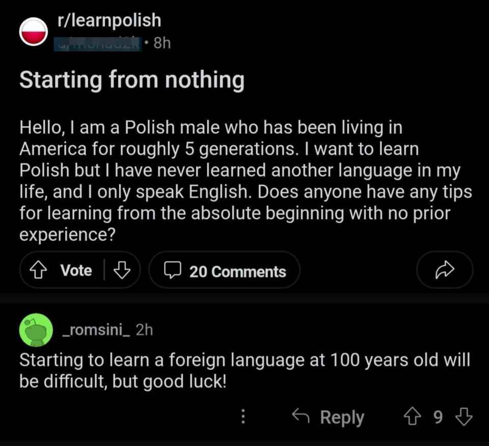 Reddit post seeking advice on learning Polish and a user's encouraging response