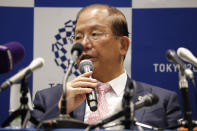 Tokyo 2020 Organizing Committee CEO Toshiro Muto speaks during a news conference after a Tokyo 2020 Executive Board Meeting in Tokyo Monday, March 30, 2020. Tokyo Olympic President Yoshiro Mori said Monday he expects to talk with IOC President Thomas Bach this week about potential dates and other details for the rescheduled games next year. Both Mori and Muto said the the cost of rescheduling will be “massive” - local reports suggest several billion dollars - with most of the expenses borne by Japanese taxpayers. (Issei Kato/Pool Photo via AP)