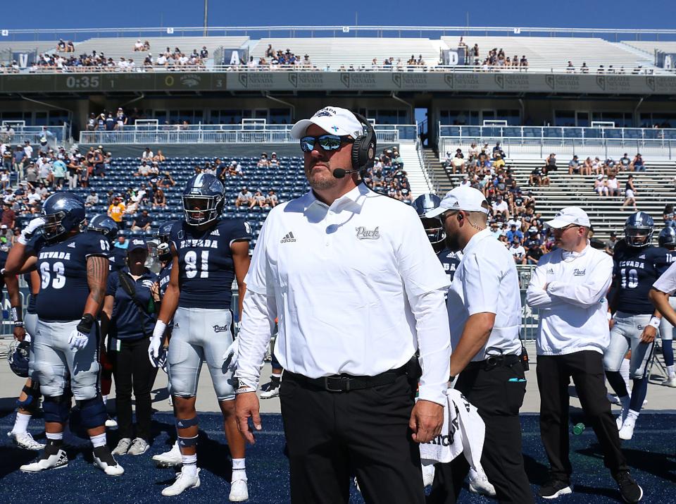 Nevada head coach Ken Wilson gets ready to take on Texas State at Mackay Stadium in Reno on Sept. 3, 2022. 