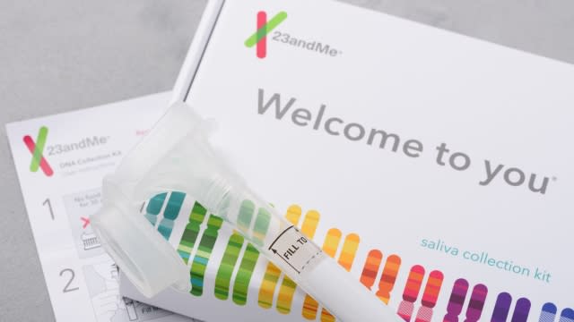 A 23andMe test kit is shown.