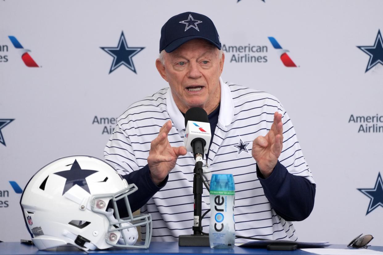Dallas Cowboys owner Jerry Jones answers questions at a training camp press conference at the River Ridge Fields.