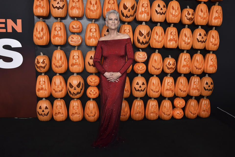 Jamie Lee Curtis arrives at the world premiere of "Halloween Ends," Tuesday, Oct. 11, 2022, at TCL Chinese Theatre in Los Angeles. (Photo by Jordan Strauss/Invision/AP)