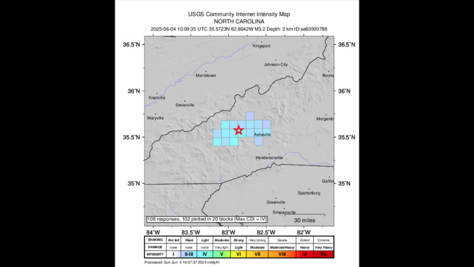 An earthquake was recorded early Sunday, June 4, in West Canton, North Carolina, the fifth quake to hit the area since May 23, according to the United States Geological Survey.