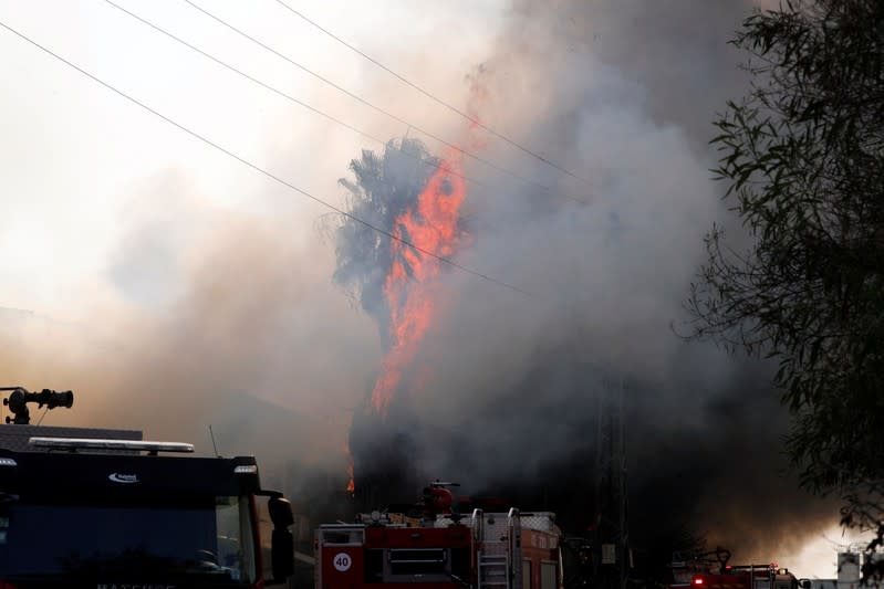 Israeli firefighters work to extinguish a blazing tree after a factory caught on fire in Sderot, southern Israel