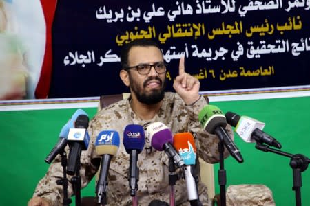 VP of the UAE-backed Southern Transitional Council, Hani Ali bin Buraik, addresses a news conference in Aden