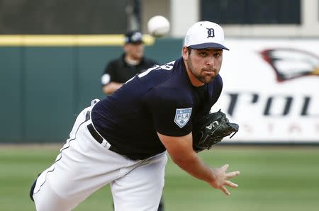 FILE PHOTO: Feb 27, 2019; Lakeland, FL, USA; Detroit Tigers starting pitcher Michael Fulmer (32) throws a warmup pitch before the first inning against the New York Yankees at Publix Field at Joker Marchant Stadium. Mandatory Credit: Reinhold Matay-USA TODAY Sports