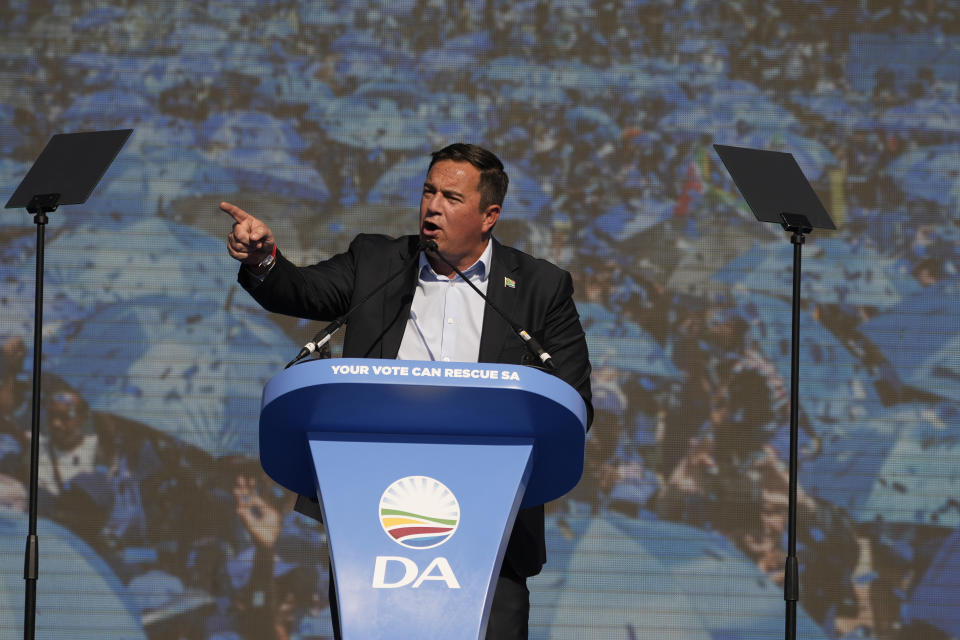 FILE - Main opposition Democratic Alliance (DA) party leader, John Steenhuisen, delivers his speech at a final election rally in Benoni, South Africa, May 26, 2024. (AP Photo/Themba Hadebe, File)