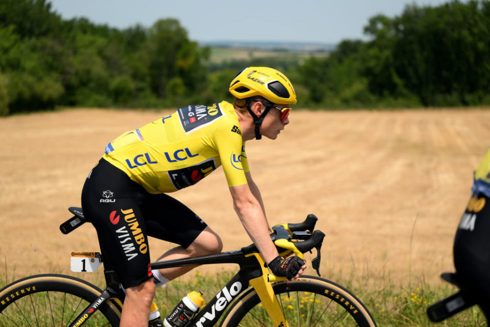 LIMOGES FRANCE  JULY 08 Jonas Vingegaard of Denmark and Team JumboVisma  Yellow Leader Jersey competes during the stage eight of the 110th Tour de France 2023 a 2007km stage from Libourne to Limoges  UCIWT  on July 08 2023 in Limoges France Photo by David RamosGetty Images