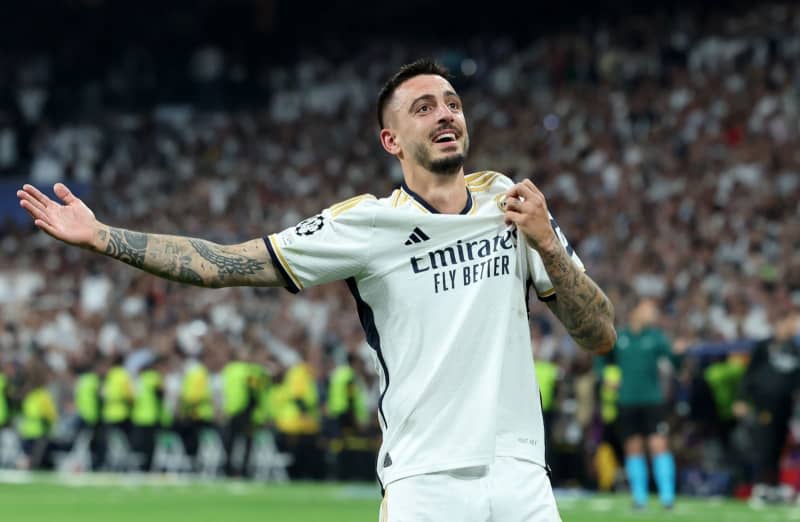 Real Madrid's Joselu celebrates scoring his side's second goal during the UEFA Champions League semi-final, second leg match between Real Madrid and Bayern Munich at the Santiago Bernabeu. Isabel Infantes/PA Wire/dpa