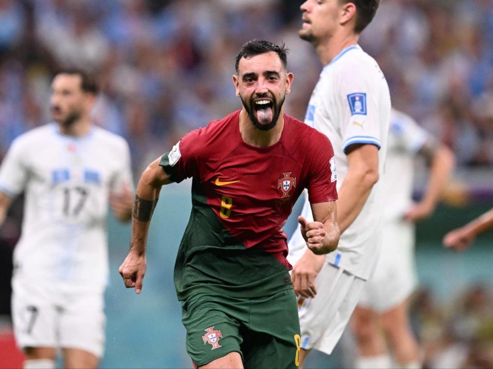 Bruno Fernandes scored twice for Portugal in their group-stage win over Uruguay (AFP via Getty Images)