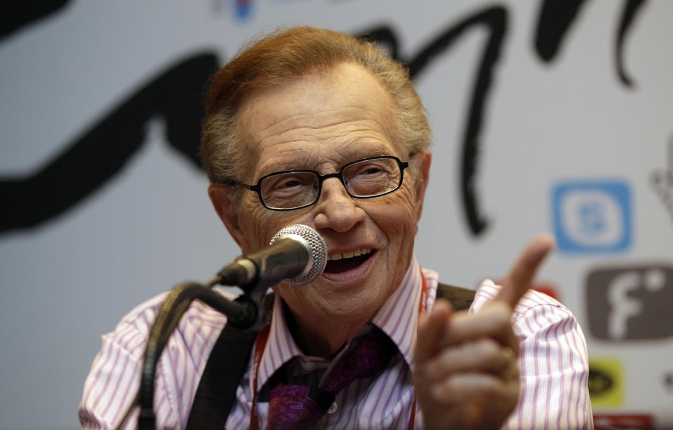 FILE - In this May 25, 2011 file photo, Larry King answers reporters' question at a press conference for Seoul Digital Forum in Seoul, South Korea. King, who interviewed presidents, movie stars and ordinary Joes during a half-century in broadcasting, has died at age 87. Ora Media, the studio and network he co-founded, tweeted that King died Saturday, Jan. 23, 2021 morning at Cedars-Sinai Medical Center in Los Angeles. (AP Photo/Lee Jin-man, File)