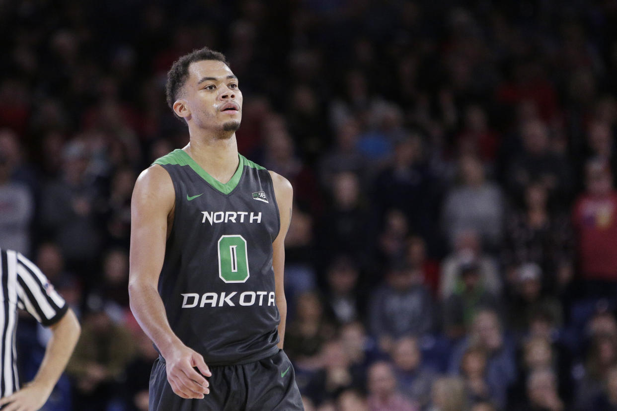 North Dakota guard Geno Crandall (0) walks on the court during overtime in an NCAA college basketball game against Gonzaga in Spokane, Wash., Saturday, Dec. 16, 2017. (AP Photo/Young Kwak)