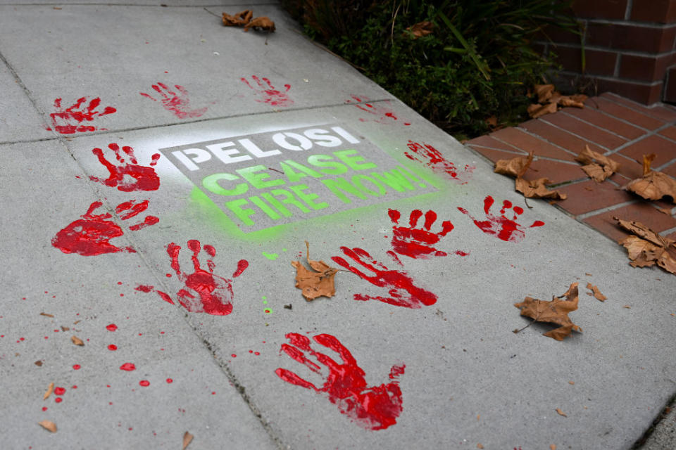 A message by activists calling for a ceasefire in the Israel-Hamas war, outside Nancy Pelosi’s San Francisco home, where the group Code Pink led a demonstration on Dec. 17, 2023.<span class="copyright">Tayfun Coskun—Anadolu/Getty Images</span>