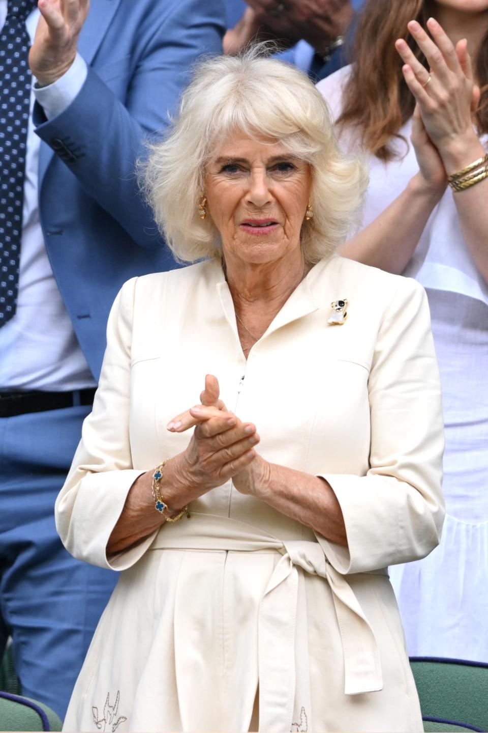 LONDON, ENGLAND - JULY 10: Queen Camilla attends day ten of the Wimbledon Tennis Championships at the All England Lawn Tennis and Croquet Club on July 10, 2024 in London, England. (Photo by Karwai Tang/WireImage)