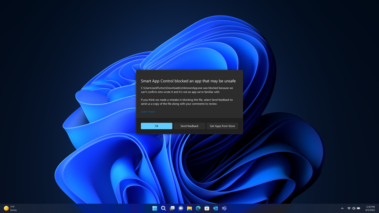 Microsoft's Smart App Control will automatically stop certain apps from running on your machine if they're likely malicious. (Image: Microsoft)