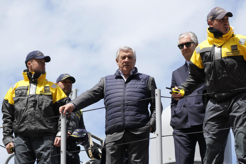 Italian Foreign Minister Antonio Tajani, center, speaks during an interview with The Associated Press as he arrives for a G7 Foreign Ministers meeting in the Italian southern island of Capri, Wednesday, April 17, 2024. The Group of Seven foreign ministers are meeting on the Italian resort island of Capri, with soaring tensions in the Mideast and Russia's continuing war in Ukraine topping the agenda. The meeting runs April 17-19. (AP Photo/Gregorio Borgia)