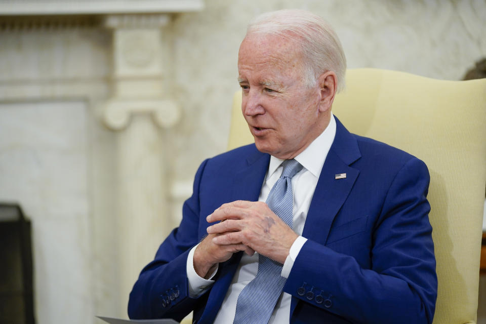 President Joe Biden meets with New Zealand Prime Minister Jacinda Ardern in the Oval Office of the White House, Tuesday, May 31, 2022, in Washington. (AP Photo/Evan Vucci)