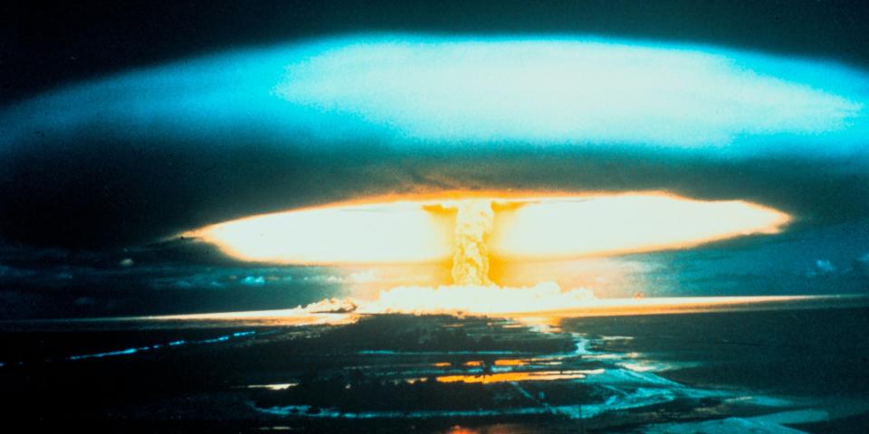 A thermonuclear explosion on Bikini Atoll, March 1, 1954.